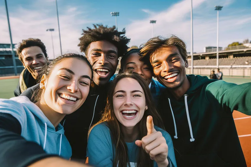 A group of boy and girl athletes having fun on a running track
