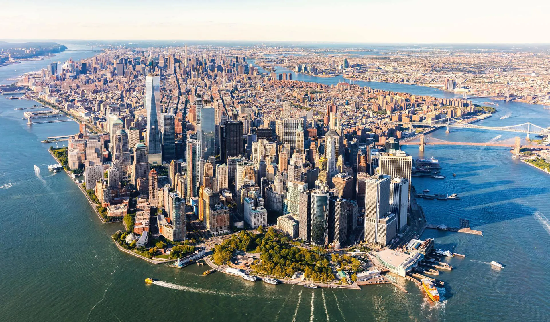 Birds eye view of Lower Manhattan in New York City.