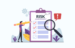 An image of a man with a giant pencil and giant clipboard with a checklist for a risk assessment.